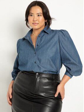 ✨ NEW Eloquii Puff Sleeve Chambray Button Down Blouse Shirt 24